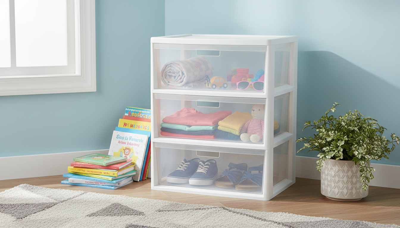 Wide 3-Drawer Storage Tower with Portable Bins Guide